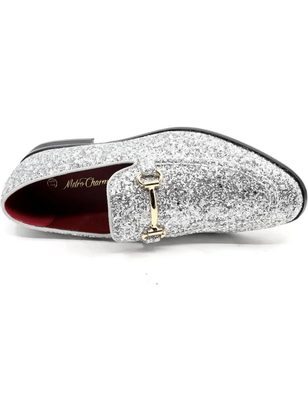 Metrocharm Men's Silver Glitter Rubber Velvet Loafers Gold Buckle Slip On Shoes